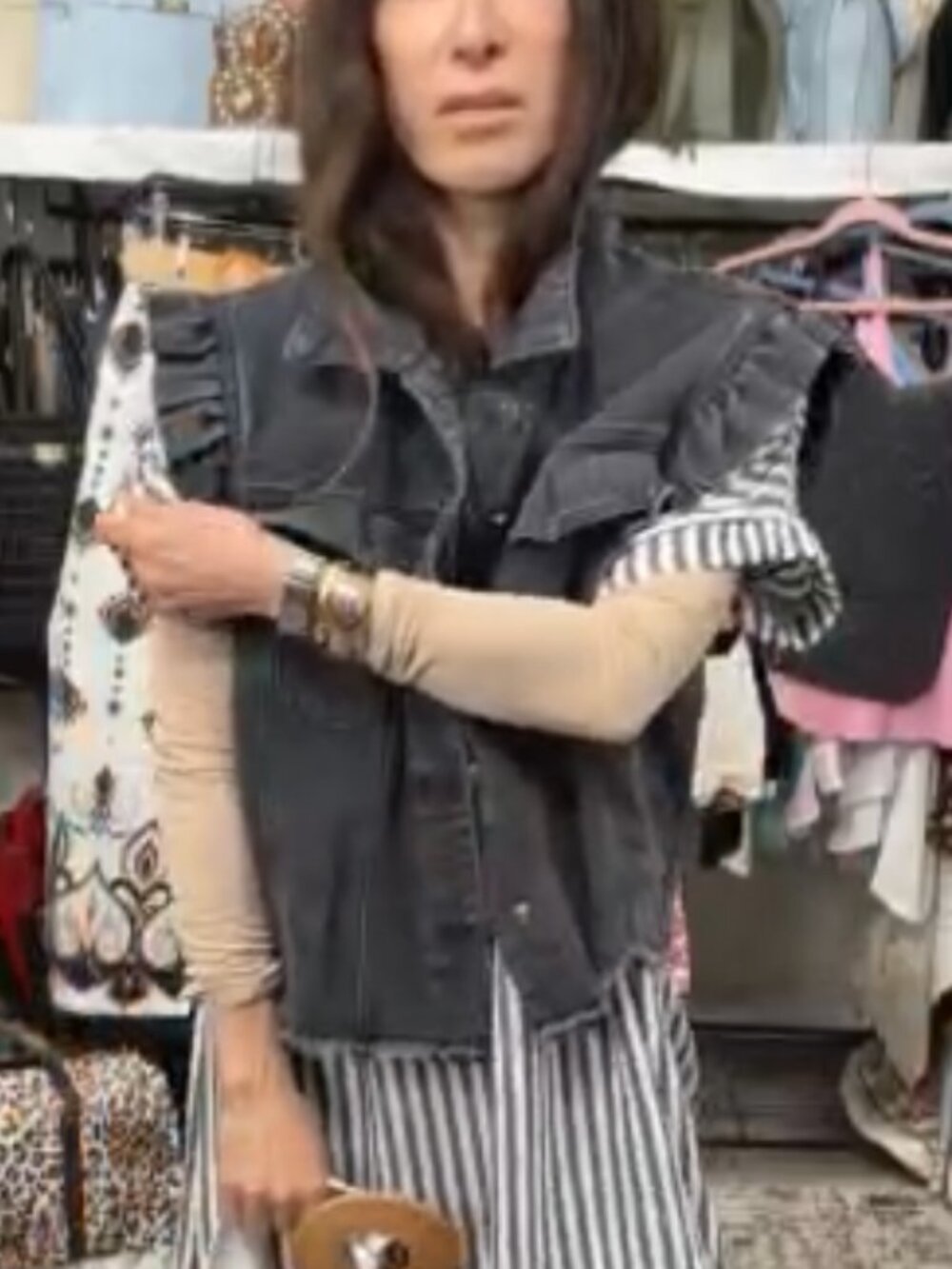 ShopEvelynne Gray Ruffle-Sleeve Denim Vest